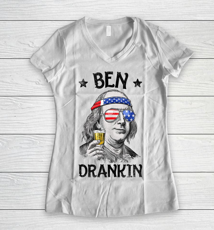 Ben Drankin 4Th Of July Benjamin Franklin Usa Flag Women V-Neck T-Shirt