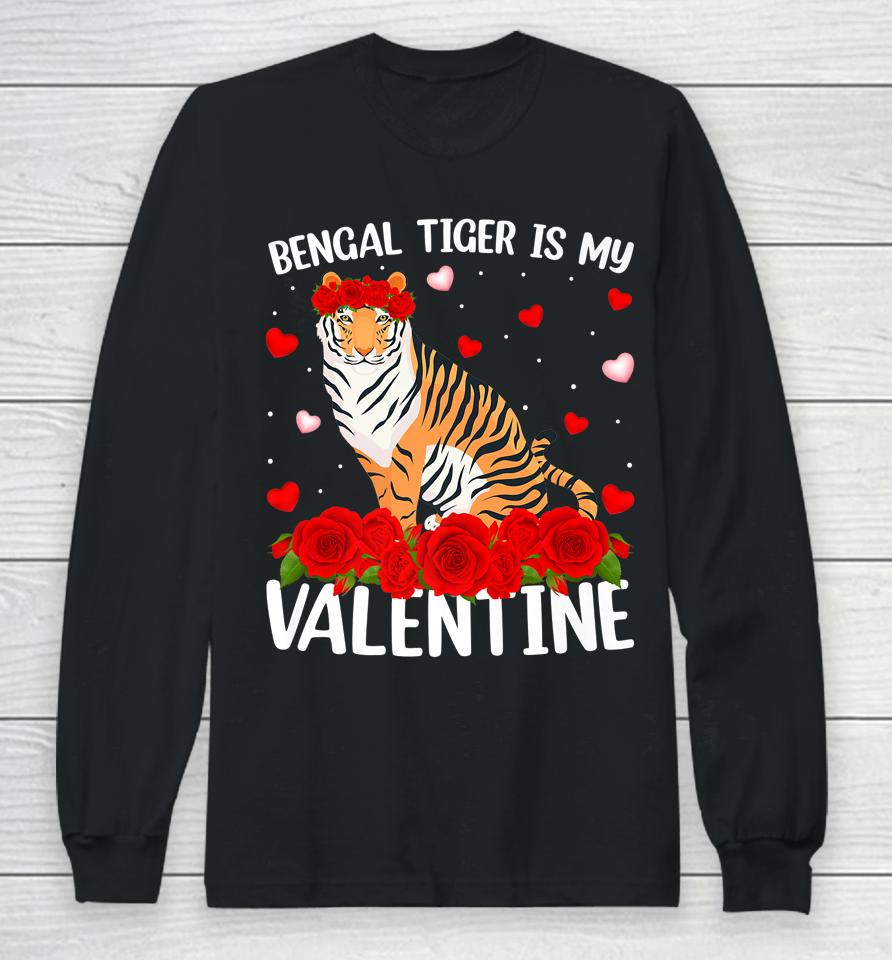Bengal Tiger Is My Valentine Red Rose Flower Long Sleeve T-Shirt