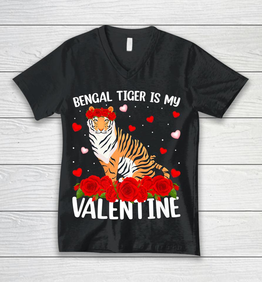 Bengal Tiger Is My Valentine Red Rose Flower Unisex V-Neck T-Shirt