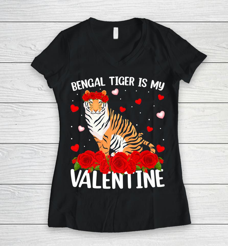 Bengal Tiger Is My Valentine Red Rose Flower Women V-Neck T-Shirt