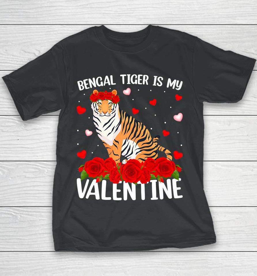 Bengal Tiger Is My Valentine Red Rose Flower Youth T-Shirt