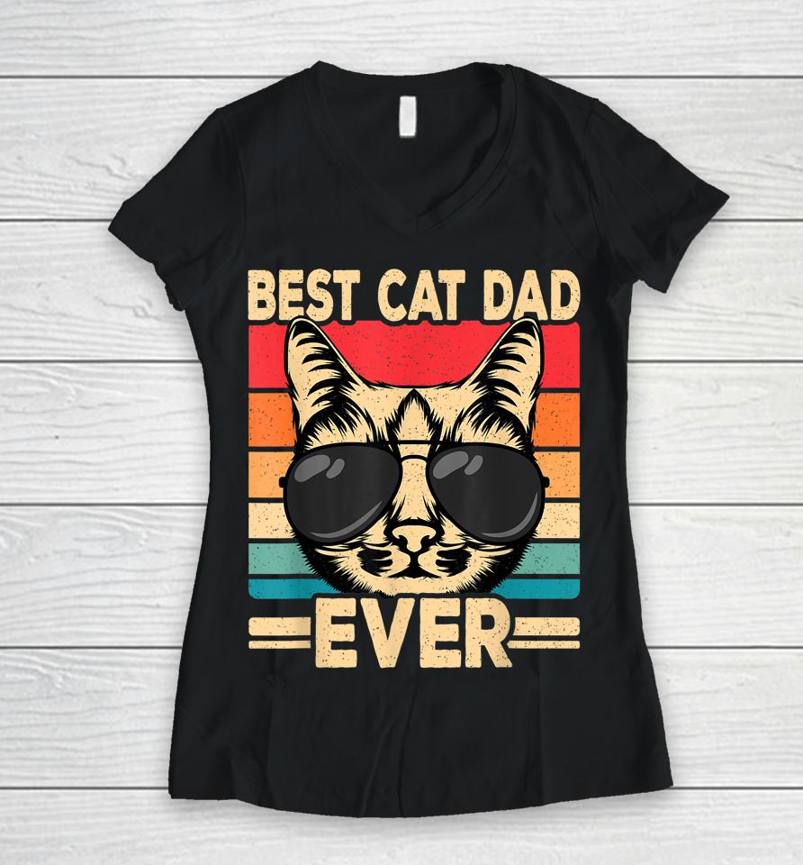 Best Cat Dad Ever Funny Cat Lover Retro Cat Women V-Neck T-Shirt