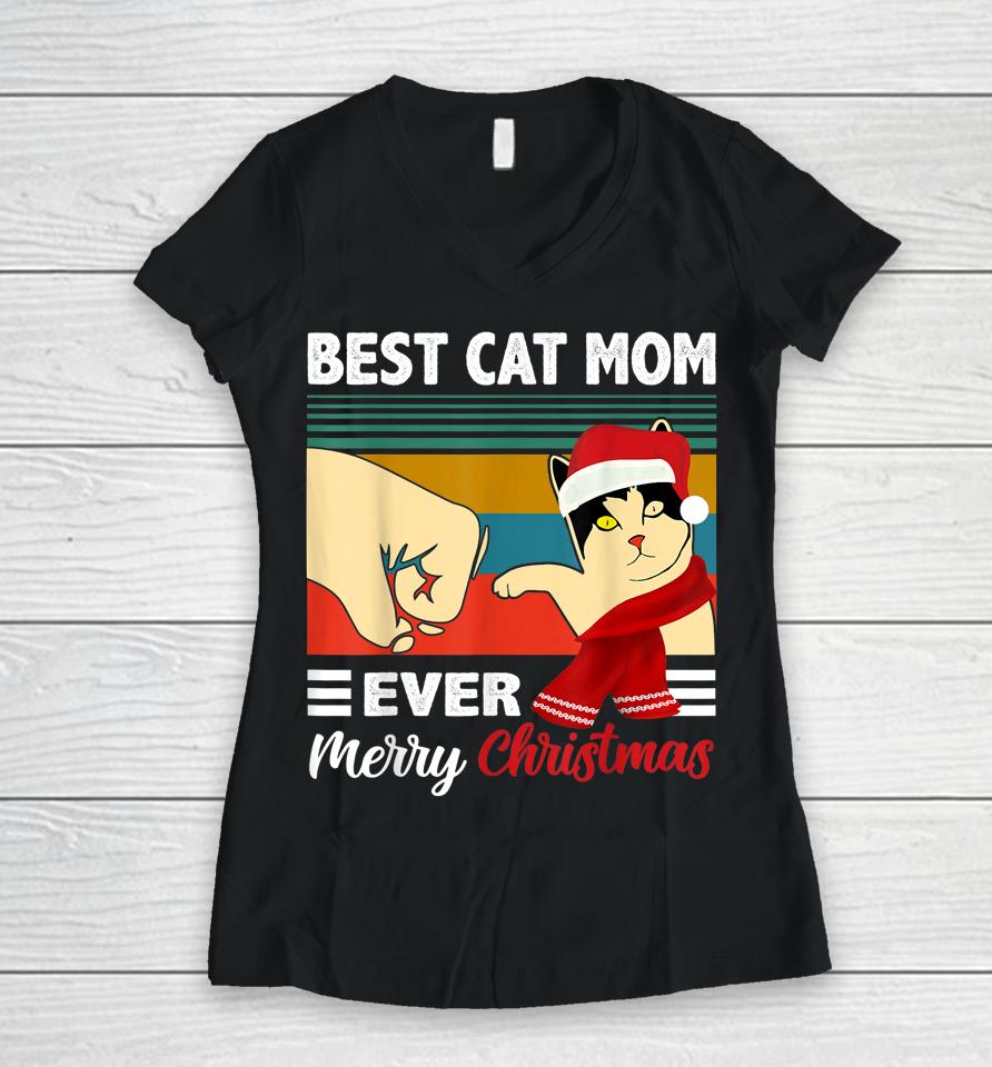 Best Cat Mom Funny Ever Vintage Cats Lover Christmas Women V-Neck T-Shirt