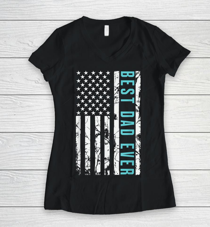 Best Dad Ever Us American Flag Air Fighter Jet Fathers Day Women V-Neck T-Shirt
