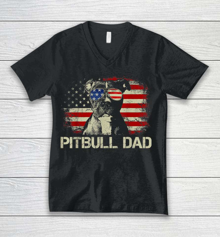 Best Pitbull Dad Ever American Flag 4Th Of July Gift Unisex V-Neck T-Shirt