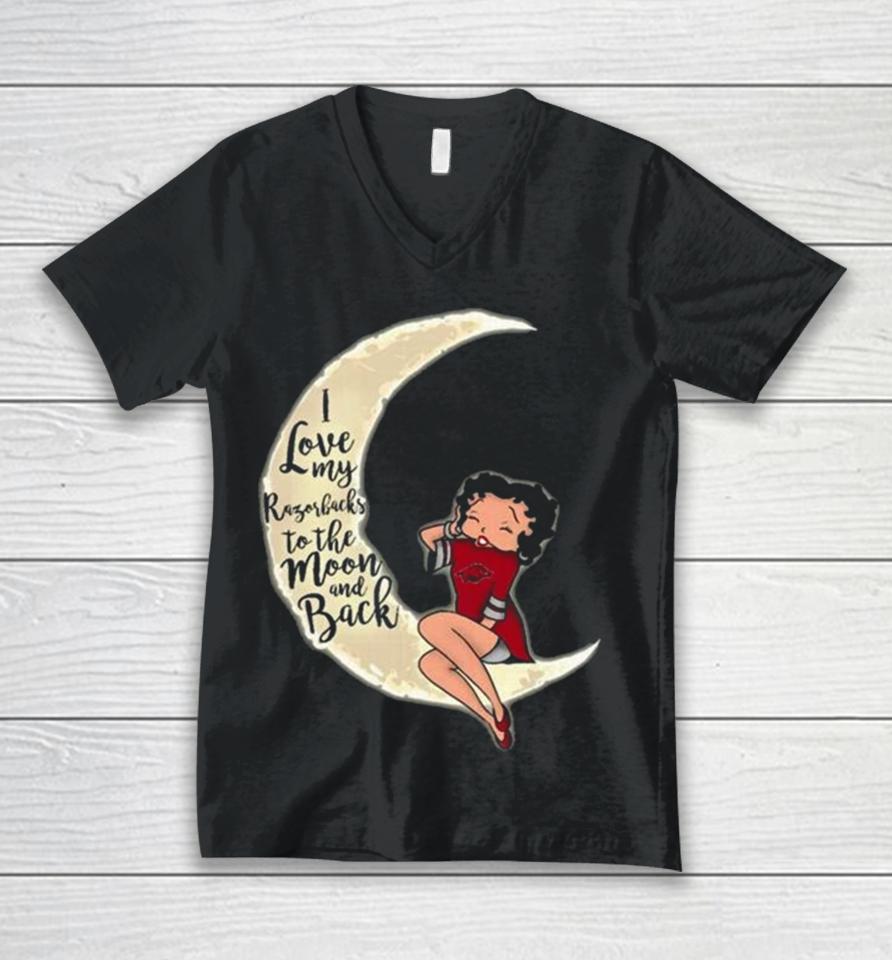 Betty Boop I Love My Arkansas Razorbacks To The Moon And Back Unisex V-Neck T-Shirt