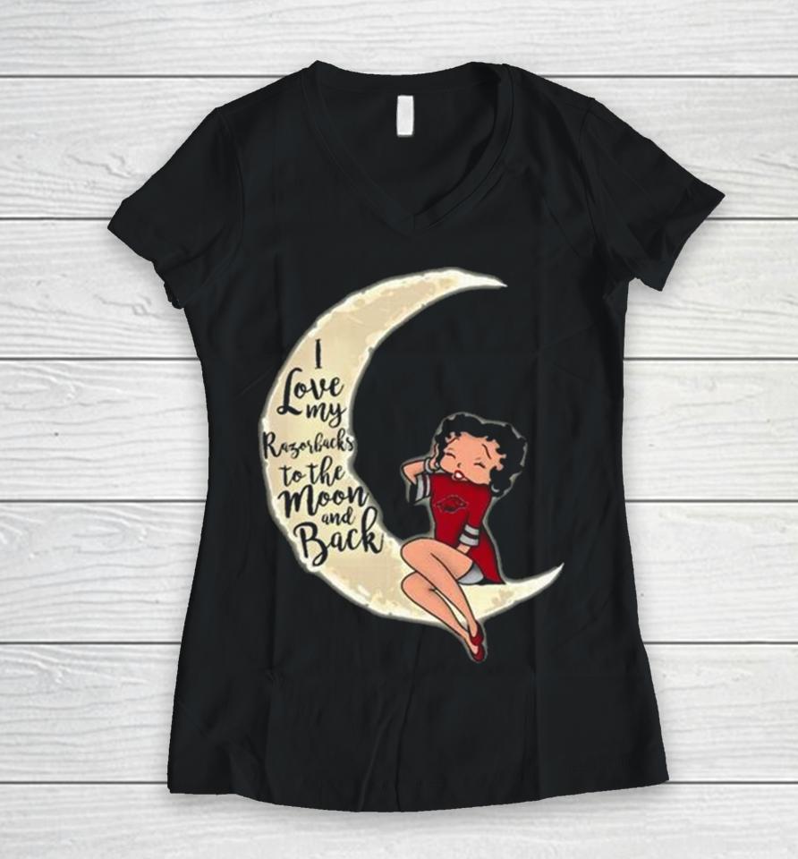 Betty Boop I Love My Arkansas Razorbacks To The Moon And Back Women V-Neck T-Shirt