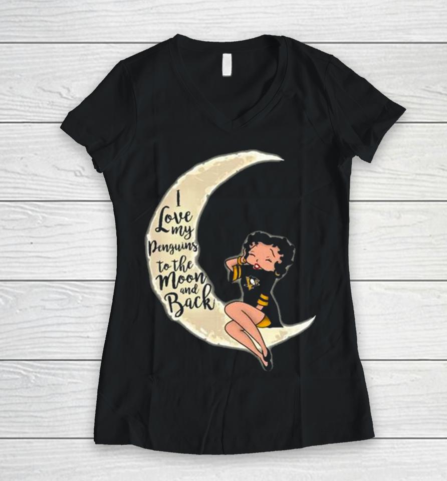 Betty Boop I Love My Pittsburgh Penguins To The Moon And Back Women V-Neck T-Shirt