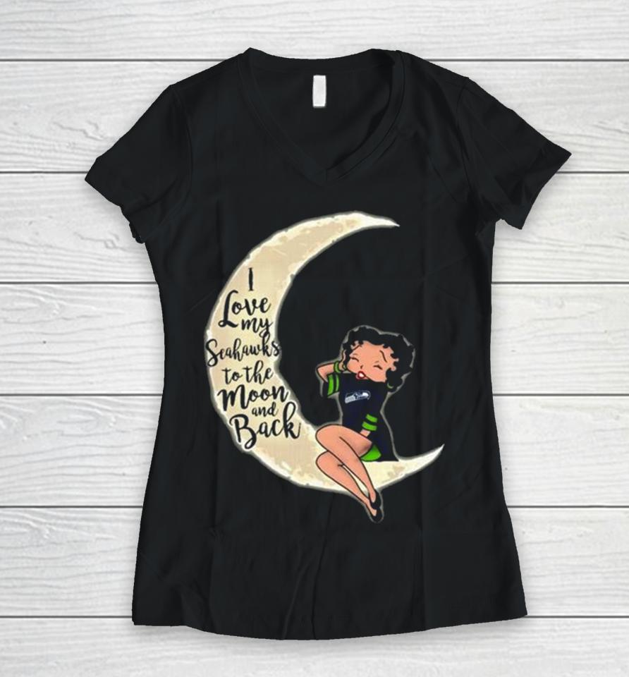 Betty Boop I Love My Seattle Seahawks To The Moon And Back Women V-Neck T-Shirt