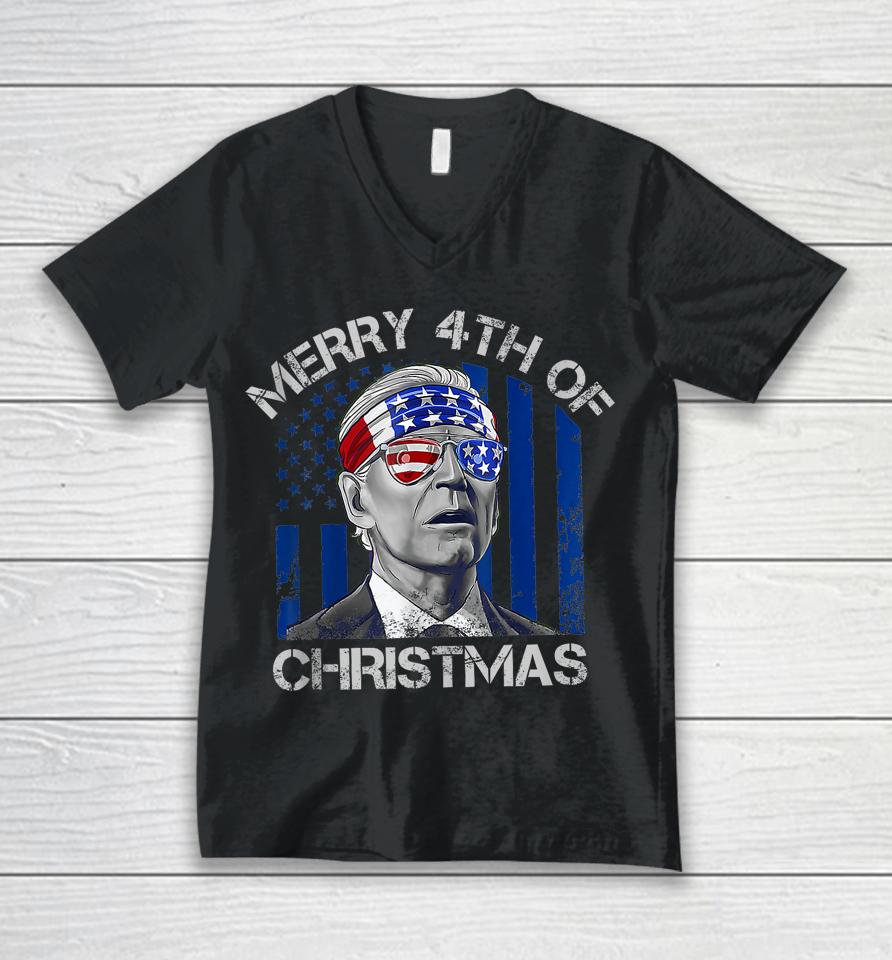 Biden Confused Merry Happy 4Th Of July Christmas Flag Unisex V-Neck T-Shirt