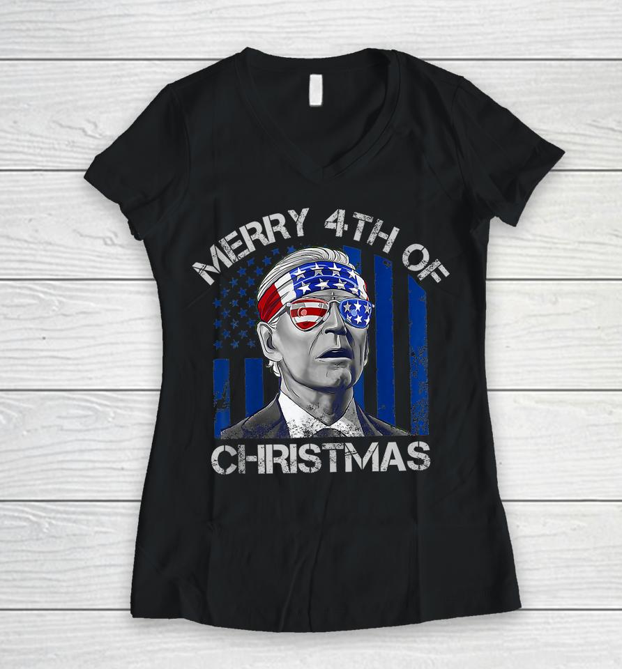 Biden Confused Merry Happy 4Th Of July Christmas Flag Women V-Neck T-Shirt