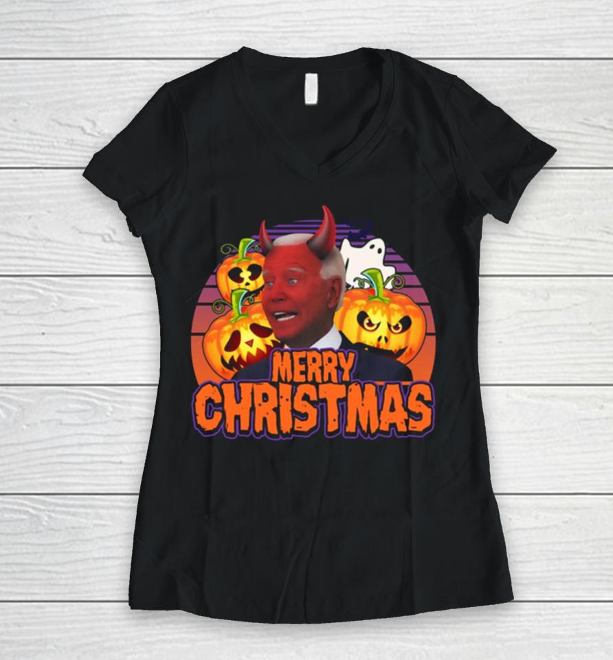 Biden Halloween Funny Confused Merry Christmas Women V-Neck T-Shirt