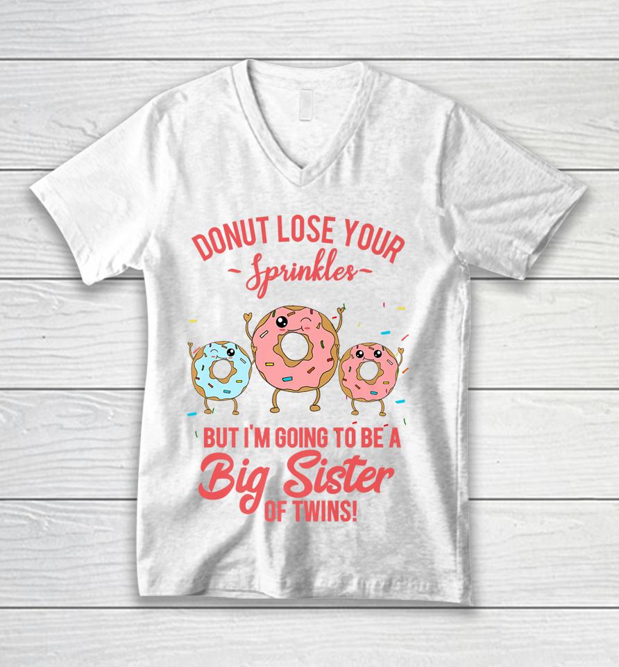 Big Sister Of Twins Pregnancy Reveal Donut Funny Sibling Unisex V-Neck T-Shirt