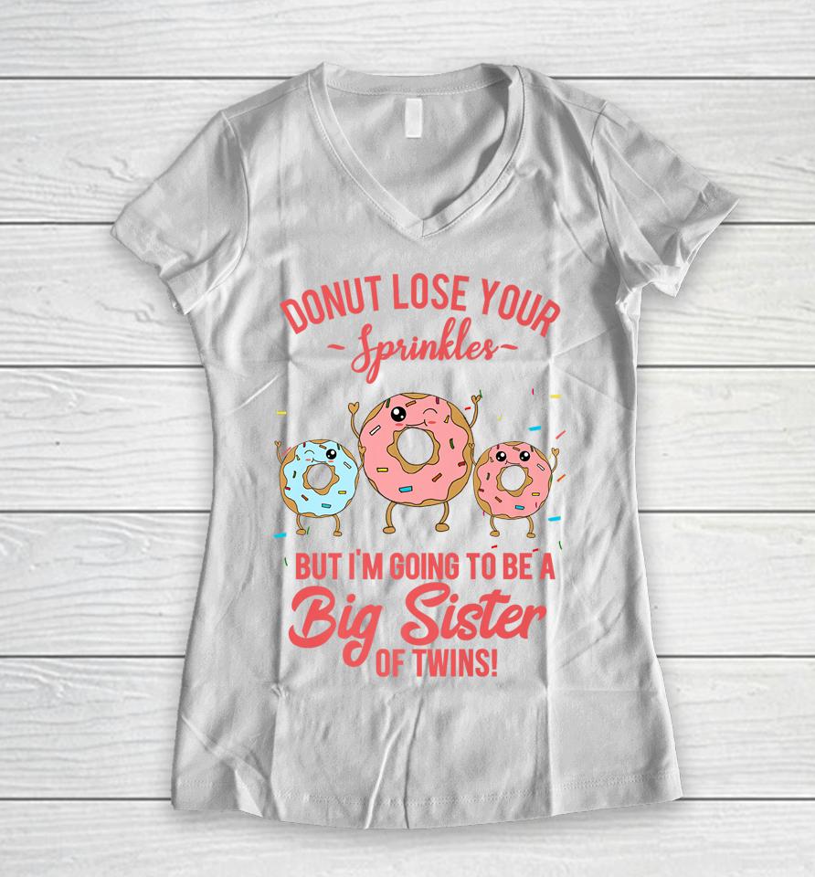 Big Sister Of Twins Pregnancy Reveal Donut Funny Sibling Women V-Neck T-Shirt
