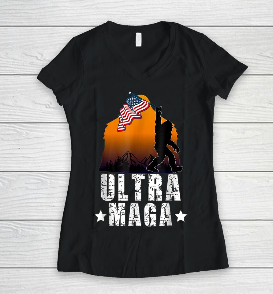 Bigfoot American Flag Ultra Maga Women V-Neck T-Shirt