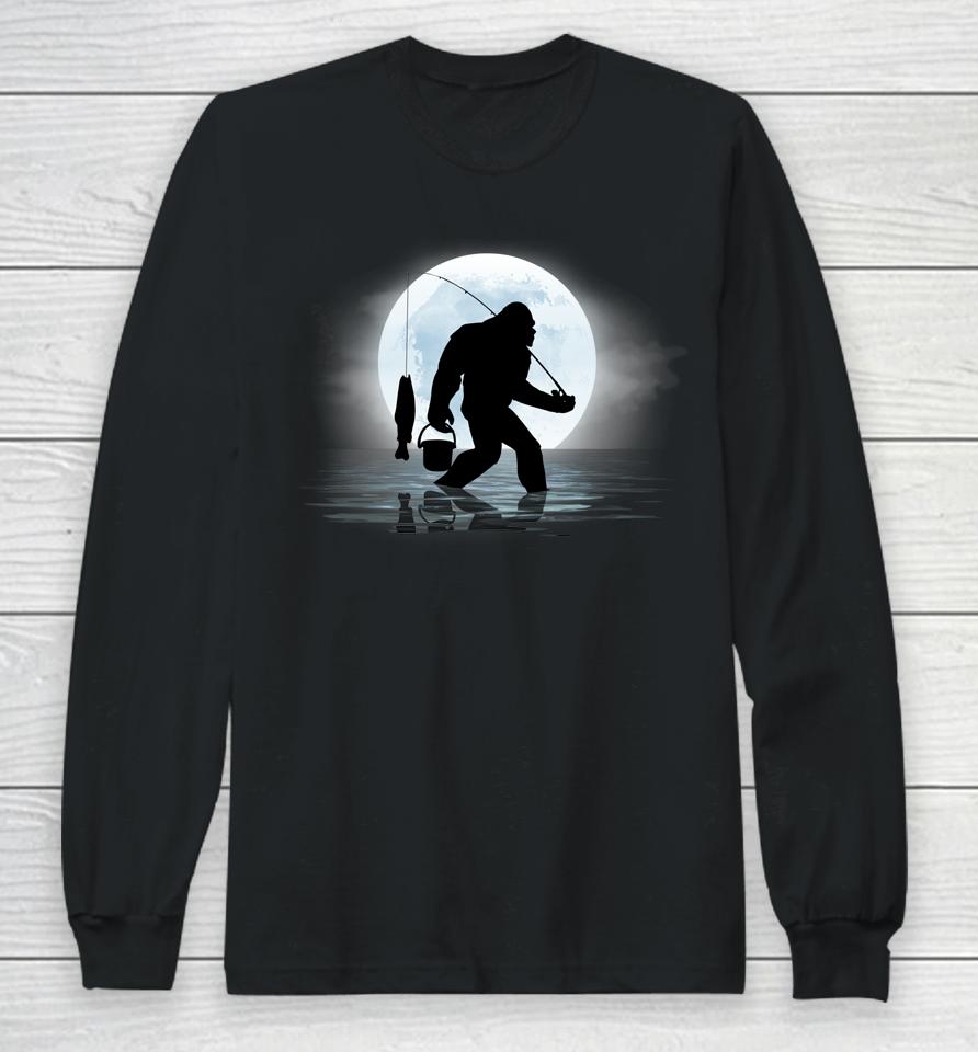 Bigfoot Fishing Funny Sasquatch And Fish Night Fishing Long Sleeve T-Shirt