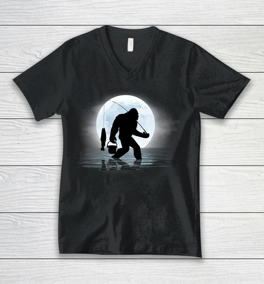 Bigfoot Fishing Funny Sasquatch And Fish Night Fishing Unisex V-Neck T-Shirt