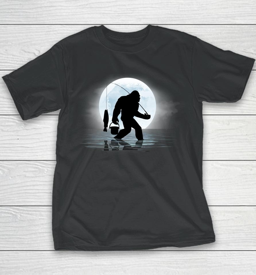Bigfoot Fishing Funny Sasquatch And Fish Night Fishing Youth T-Shirt