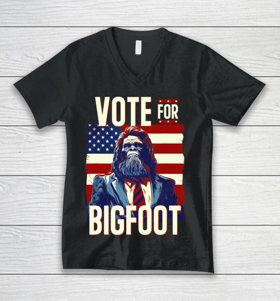 Bigfoot For President Election Vote Sasquatch American Flag 2024 Unisex V-Neck T-Shirt