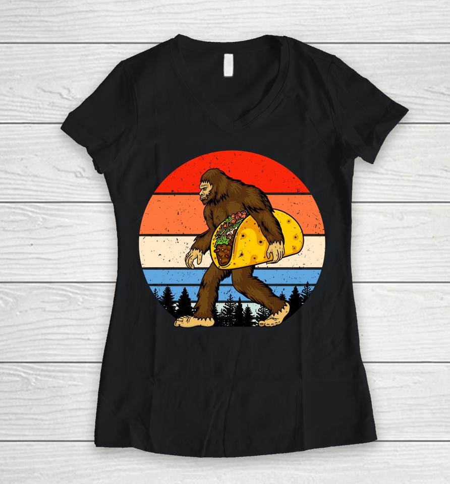 Bigfoot Holding A Taco Women V-Neck T-Shirt