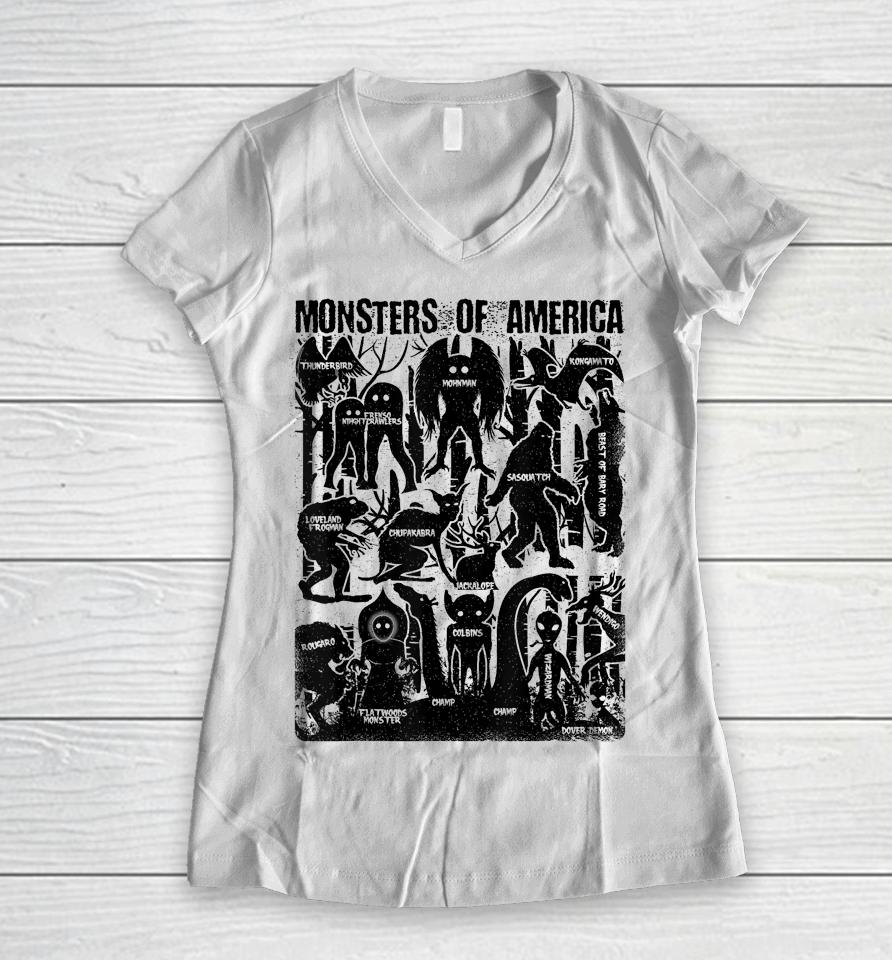 Bigfoot Mothman Dogman Wendigo And Other Monsters! Cryptid Women V-Neck T-Shirt
