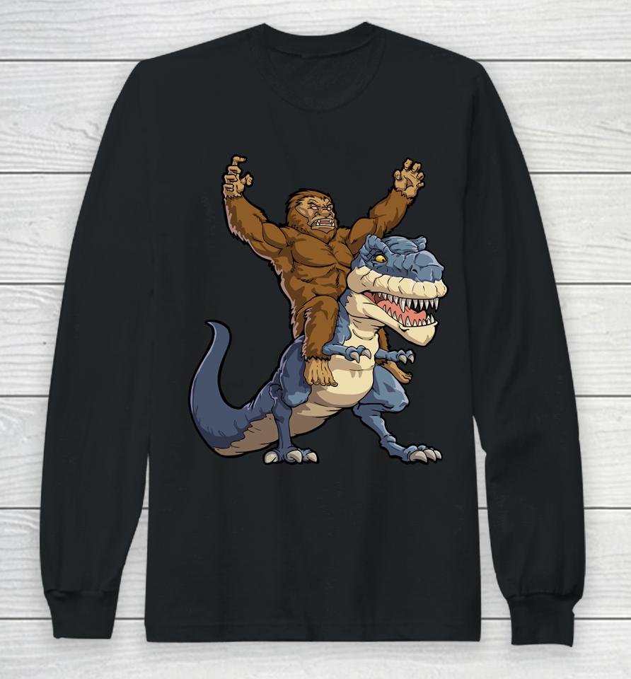 Bigfoot Riding Dinosaur T Rex Funny Men Boys Sasquatch Lover Long Sleeve T-Shirt