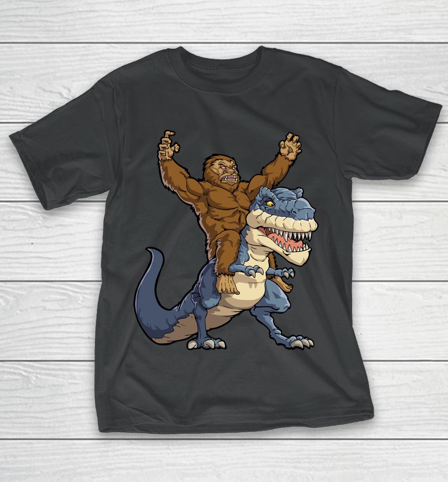 Bigfoot Riding Dinosaur T Rex Funny Men Boys Sasquatch Lover T-Shirt