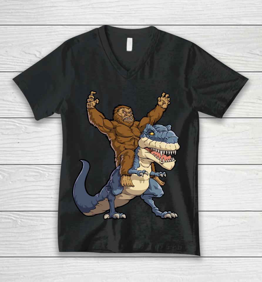 Bigfoot Riding Dinosaur T Rex Funny Men Boys Sasquatch Lover Unisex V-Neck T-Shirt