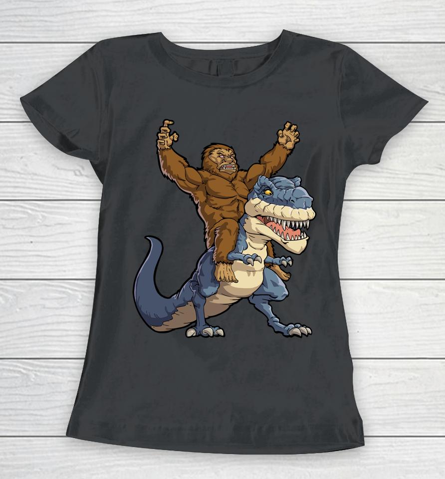 Bigfoot Riding Dinosaur T Rex Funny Men Boys Sasquatch Lover Women T-Shirt