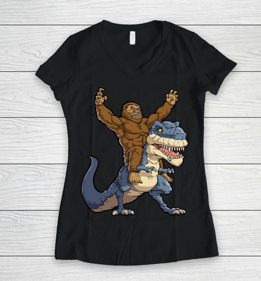 Bigfoot Riding Dinosaur T Rex Funny Men Boys Sasquatch Lover Women V-Neck T-Shirt