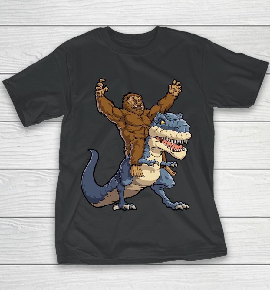 Bigfoot Riding Dinosaur T Rex Funny Men Boys Sasquatch Lover Youth T-Shirt