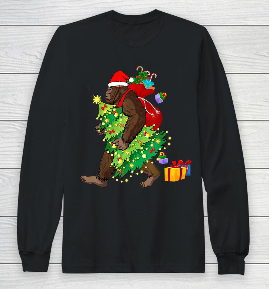 Bigfoot Squatching Through The Snow Christmas Tree Sasquatch Long Sleeve T-Shirt