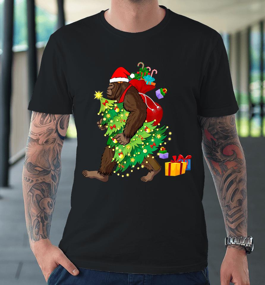 Bigfoot Squatching Through The Snow Christmas Tree Sasquatch Premium T-Shirt