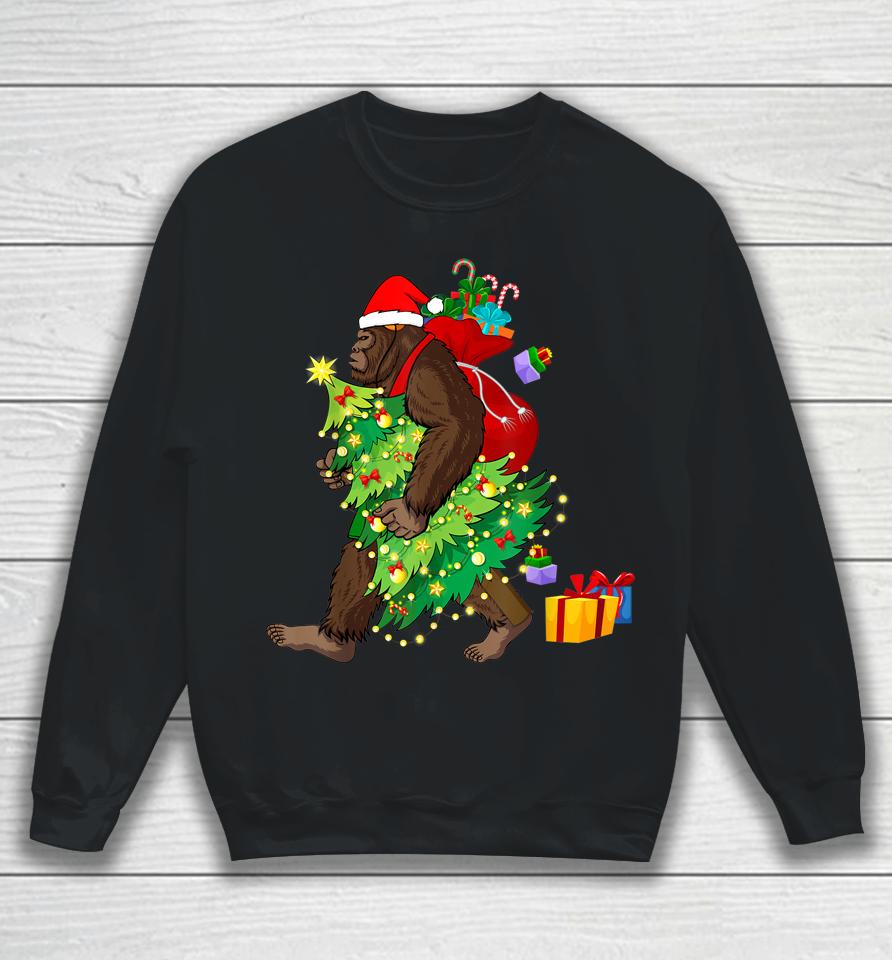 Bigfoot Squatching Through The Snow Christmas Tree Sasquatch Sweatshirt