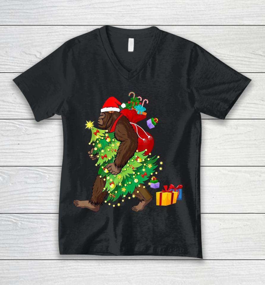 Bigfoot Squatching Through The Snow Christmas Tree Sasquatch Unisex V-Neck T-Shirt