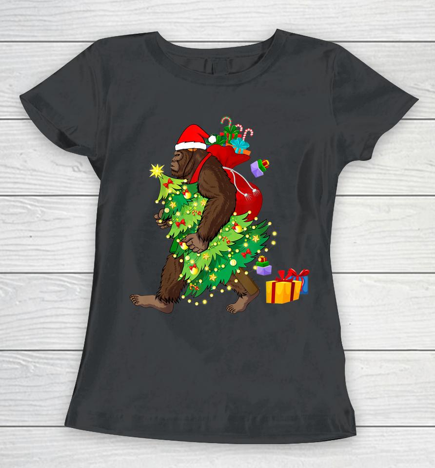 Bigfoot Squatching Through The Snow Christmas Tree Sasquatch Women T-Shirt