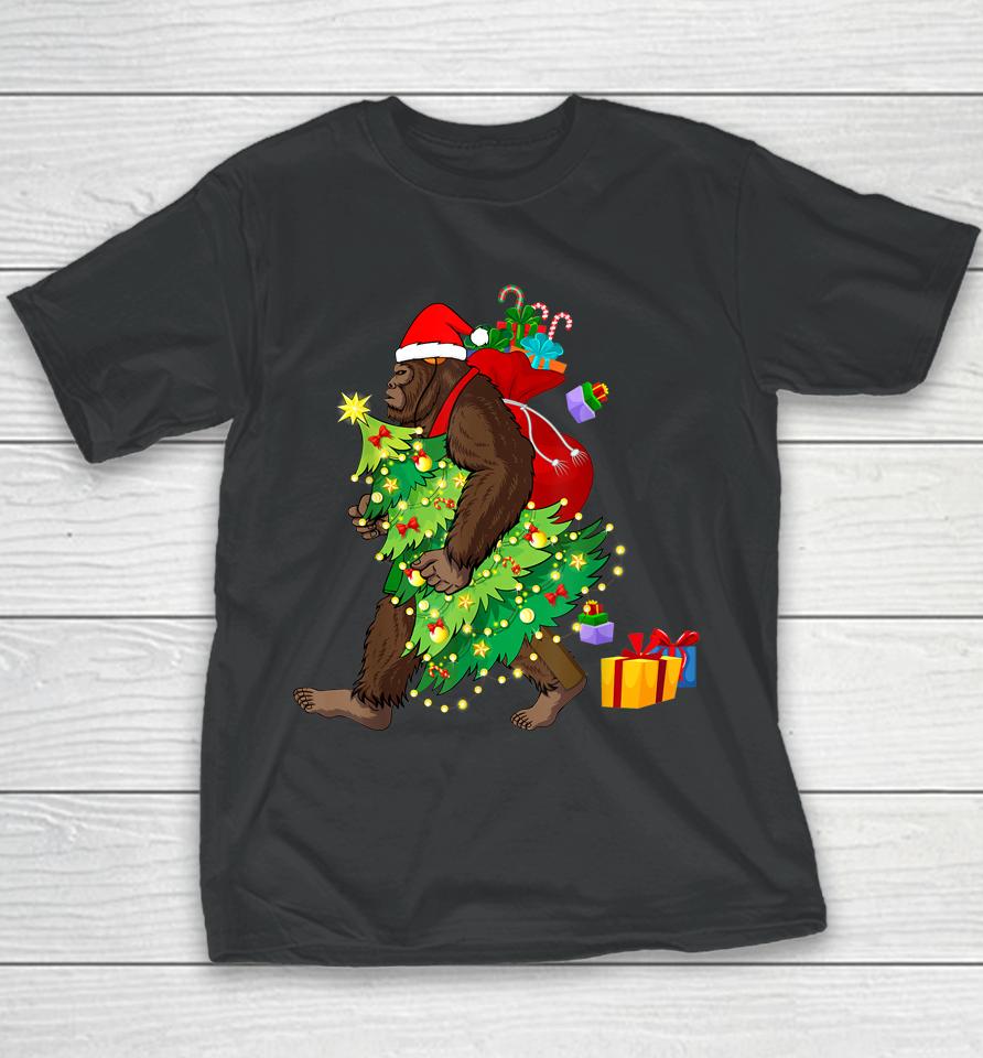 Bigfoot Squatching Through The Snow Christmas Tree Sasquatch Youth T-Shirt