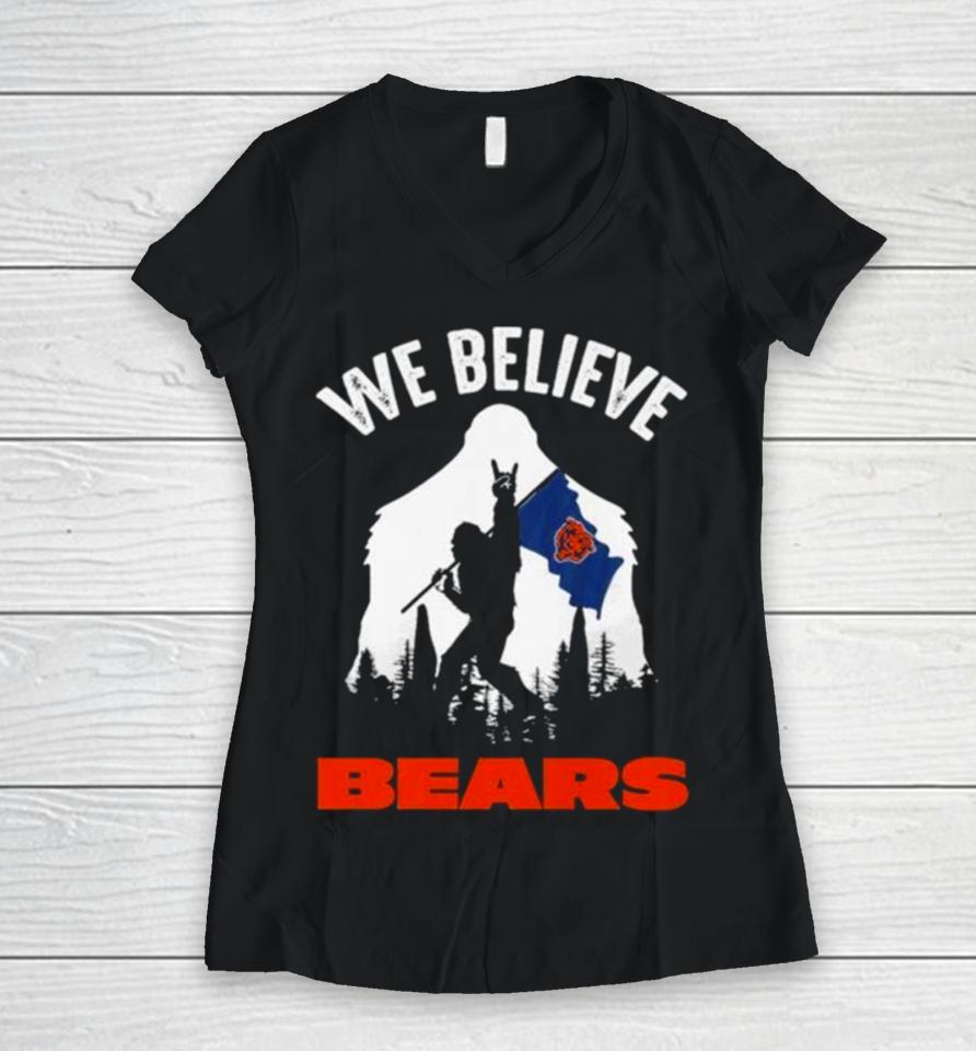 Bigfoot We Believe Chicago Bears Nfl Flag Women V-Neck T-Shirt