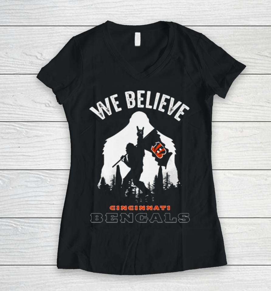 Bigfoot We Believe Cincinnati Bengals 2024 Women V-Neck T-Shirt