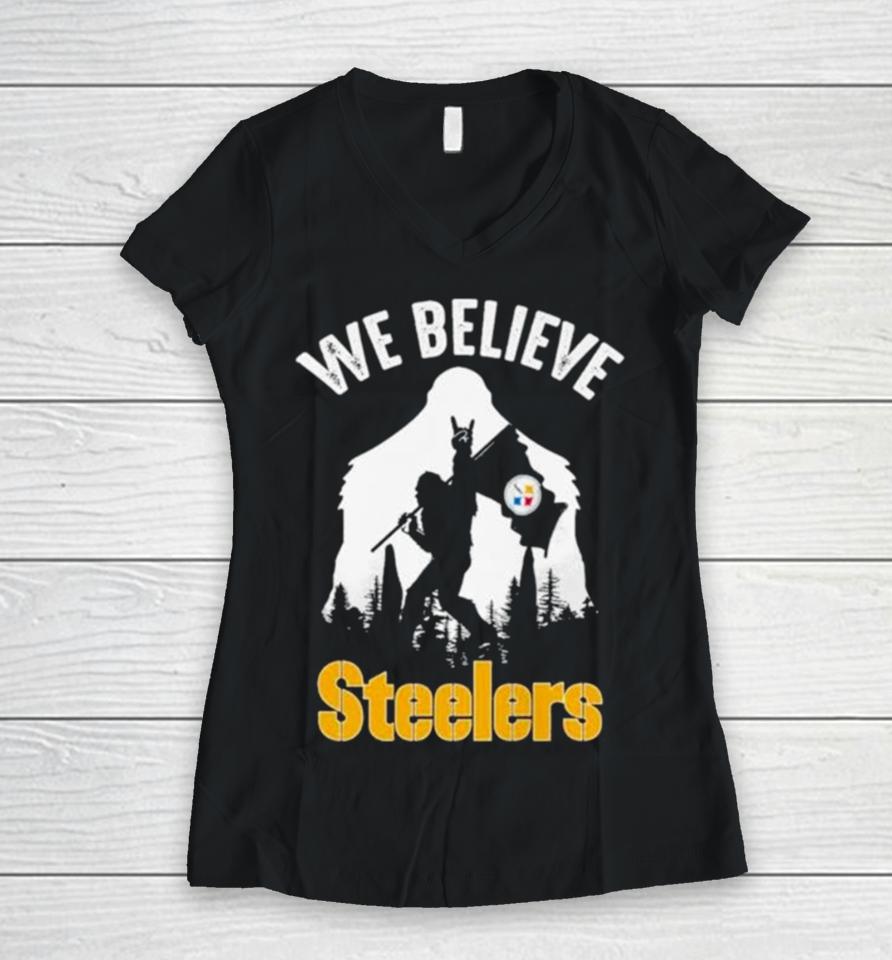 Bigfoot We Believe Pittsburgh Steelers Nfl Flag Women V-Neck T-Shirt