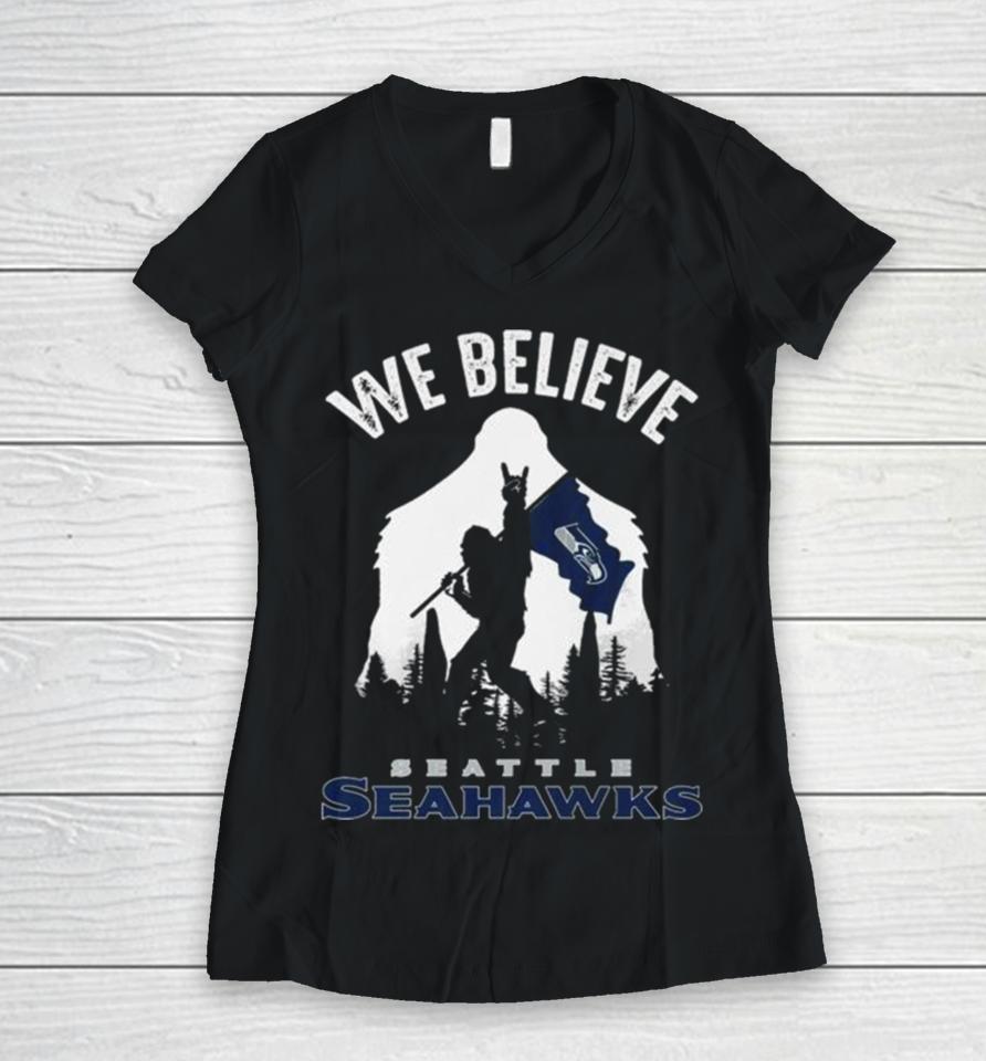 Bigfoot We Believe Seattle Seahawks 2024 Women V-Neck T-Shirt