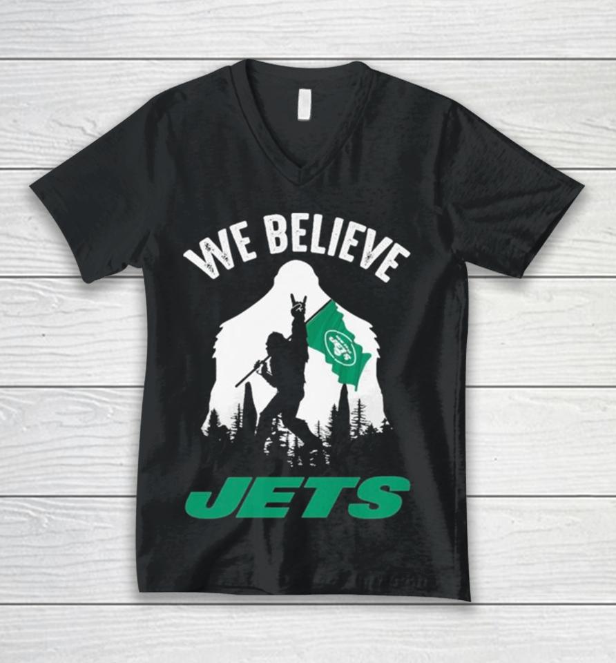 Bigfoot With Flag We Believe New York Jets 2024 Unisex V-Neck T-Shirt