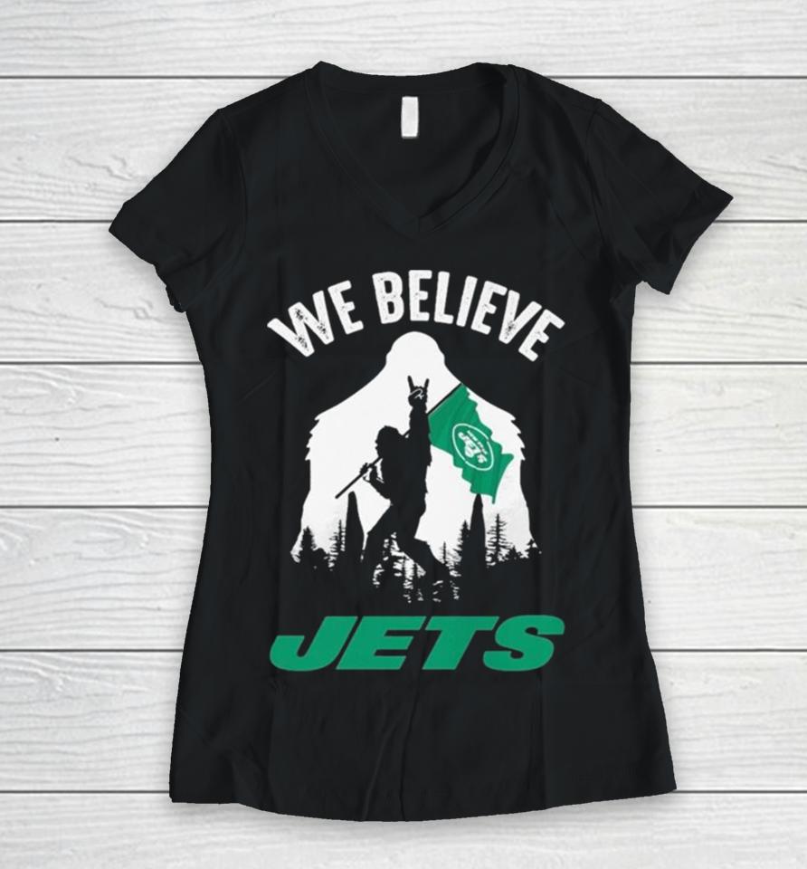 Bigfoot With Flag We Believe New York Jets 2024 Women V-Neck T-Shirt