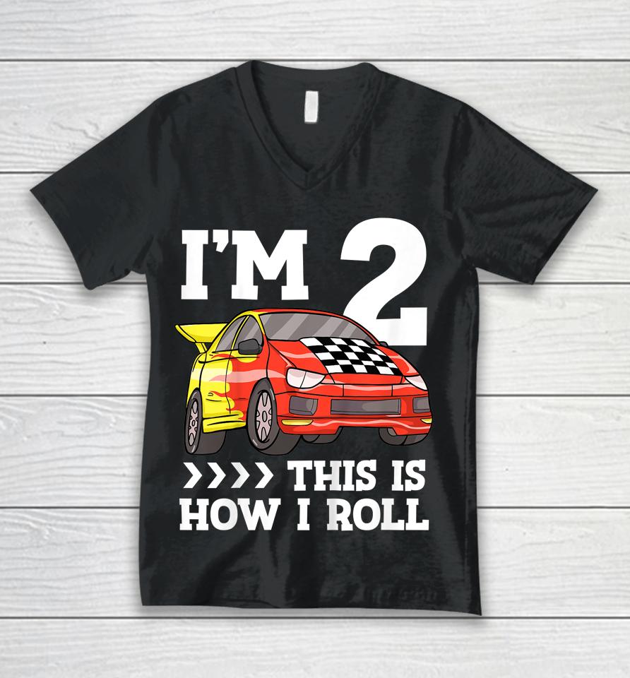 Birthday Boy 2 Two Race Car 2Nd Birthday Toddler Racing Car Unisex V-Neck T-Shirt