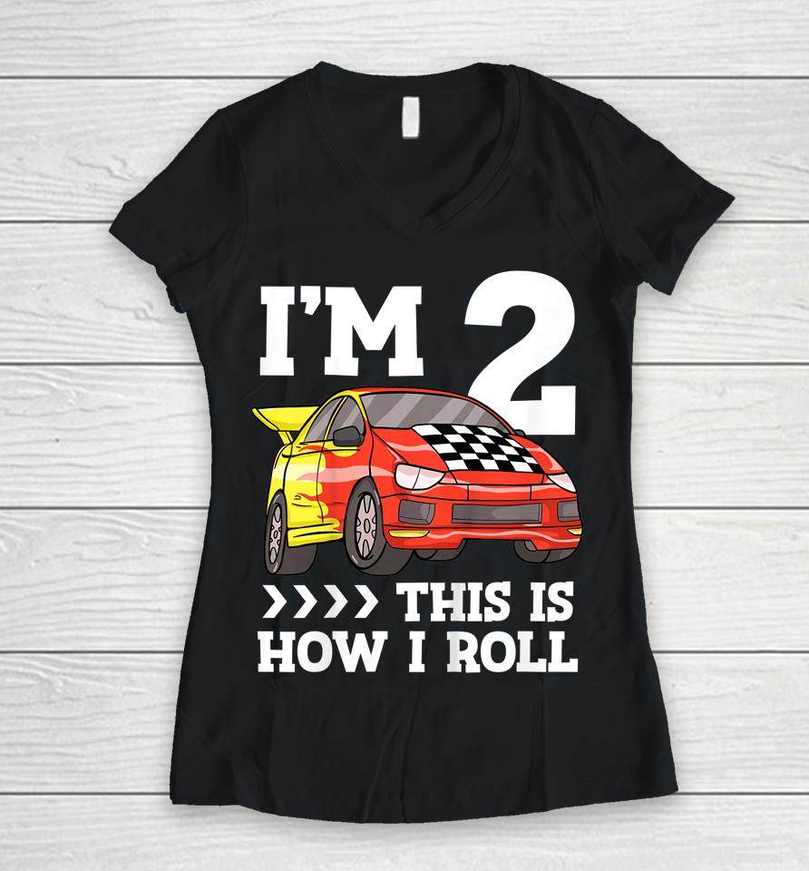 Birthday Boy 2 Two Race Car 2Nd Birthday Toddler Racing Car Women V-Neck T-Shirt