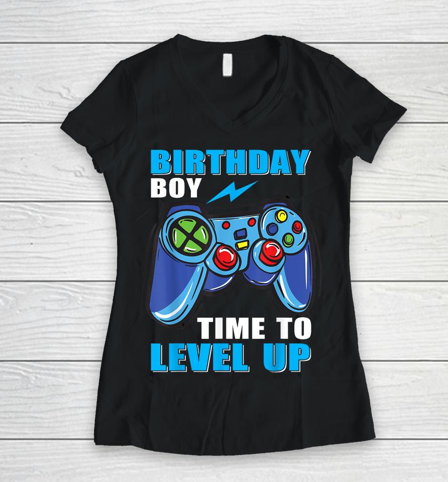 Birthday Boy Time To Level Up Video Game Boys Women V-Neck T-Shirt