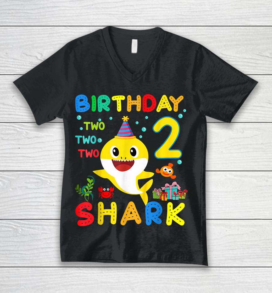 Birthday Kids Shark 2 Year Old 2Nd Birthday Matching Family Unisex V-Neck T-Shirt