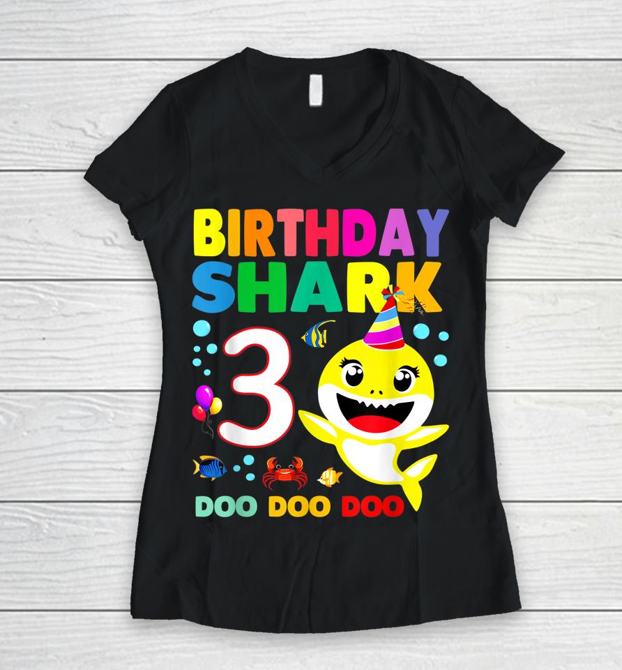 Birthday Kids Shark Shirt 3 Years Old 3Rd Family Mother's Women V-Neck T-Shirt