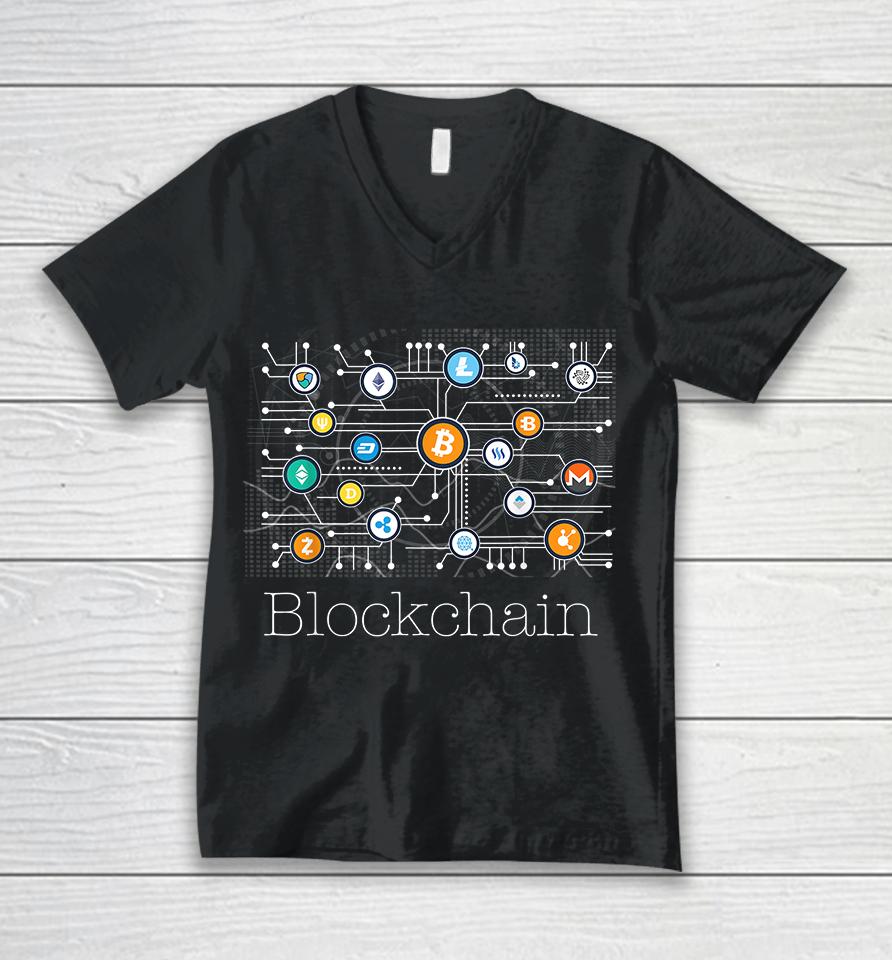 Bitcoin Btc Blockchain Cryptocurrency Unisex V-Neck T-Shirt