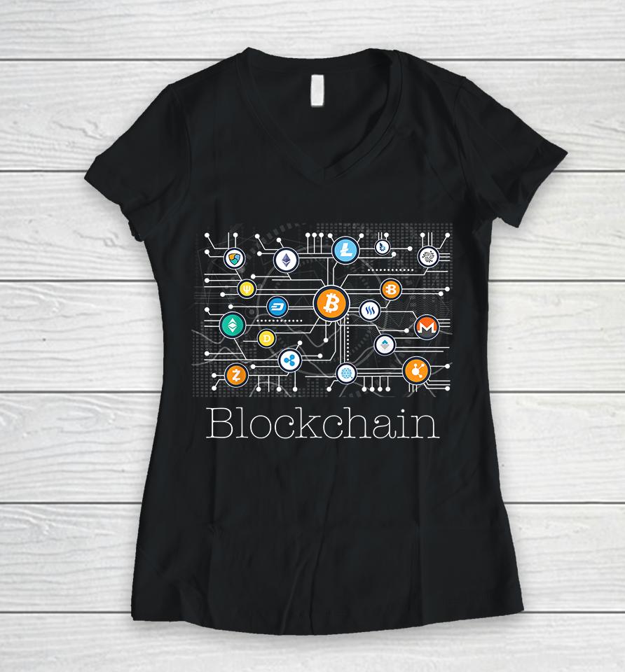 Bitcoin Btc Blockchain Cryptocurrency Women V-Neck T-Shirt